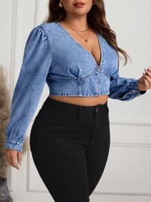 EMERY ROSE Blusa vaquera casual de manga larga con cremallera delantera, de corte slim y sencilla, talla grande - Azul lavado medio - Ver 4