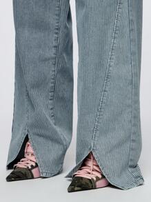 SUMWON WOMEN Vertical Striped Split Hem Jeans Retro Y2K Wide Leg Denim Pants Casual Street Style Spring Summer Fashion Statement Bottom - Baby Blue - View 6