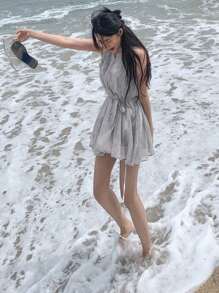 DAZY Chemise de plage en mousseline de soie ample sans manches avec col pour femme, gris, printemps/été - Gris - Voir 7