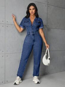 SHEIN SXY Women's Short Sleeve Button Half-Placket Casual Denim Jumpsuit - Medium Wash - View 3