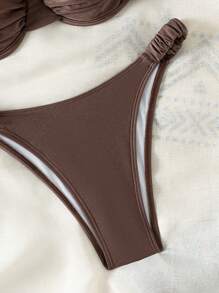 Swim Mod Women's Solid Color Sexy Ruched Tie Up Bikini Set, Summer Beach - Coffee Brown - View 5