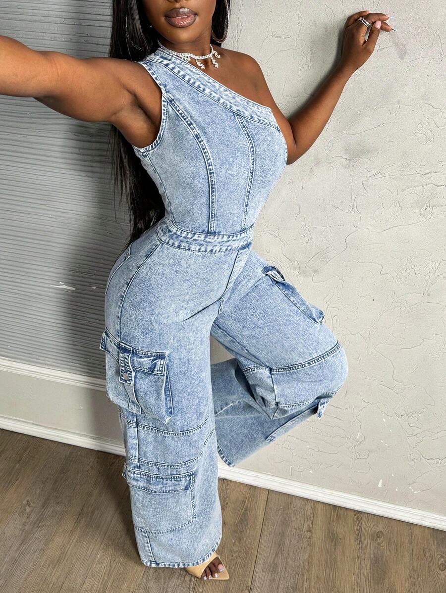 Slaydiva Women's Denim Overalls And Jumpsuits Sexy One Shoulder Overalls Jumpsuit Blue Loose Jumpsuit Cargo Pants Women Rompers For Women Romper Overalls Women Denim Jumpsuit One Piece Jumpsuit Summer Outfits For Women Rave Outfits Festival Valentines