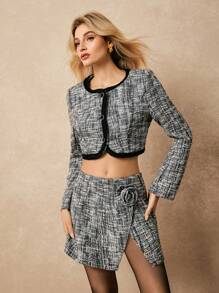 Poéselle 2pcs/Set Women Black And White Checkered Tweed Button Front Blouse And Mini Skirt Co-Ord Set,Elegant Autumn Tea Party Birthday New Year Eve Outfits - Black - View 5