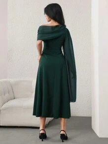 Modelyn Đầm dài tay màu xanh lá cây bất đối xứng lưới chắp vá thanh lịch cho nữ Đầm dạ hội dài - Màu xanh lá cây đậm - Xem 2