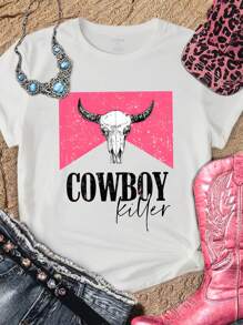 SHEIN LUNE Plus Size Women's Western Bull Head Print Letter 'COWBOY Killer' Round Neck T-Shirt Retro Tees Women Tops, For Summer - White - View 1