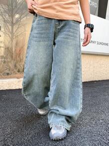 SHEIN Tween Boy Fashion Casual Vintage Blue Denim Simple Base Loose Comfortable Wide Leg Kids Jeans For Boy Soft Dailywear And Kids Summer Clothes - Blue - View 6