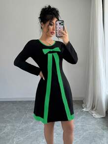 Elenzga Women's Crew Neck Long Sleeve Mini Dress With Bow Decor
