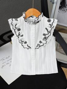 SHEIN 年轻女孩奶油色纹理编织面料立领、荷叶边、正面刺绣、双层荷叶边下摆无袖优雅衬衫，适合外出和搭配喇叭牛仔裤、裙子（母女装，单独出售） - 白色 - 查看 1