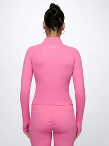 SUMWON WOMEN Premium Performance Half-Zip Sport Jacket Athletic Training Running Workout Top High-Neck Ruched Front Compression Athleisure Fitness Apparel - Hot Pink - View 2