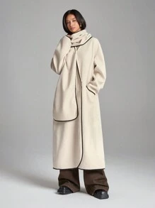 LYSMO 女式落肩长袖口袋围巾饰边撞色大衣，秋冬款 - 杏色 - 查看 1