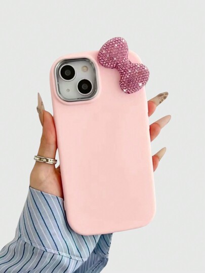 Kawaii Custodia per telefono in silicone, compatibile con iPhone 12, 13 e 14, con fiocco, farfalla e strass rosa, carina e di