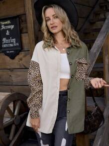 LanaWest Cut And Sew Leopard Corduroy Coat Fall Winter Cloth For Women - Multicolor - View 3