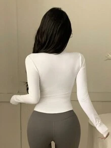 DAZY 女式高领长袖修身纯色拉链开合高领 T 恤，秋季服装 - 白色 - 查看 4