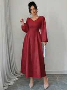 Modelyn Women's Solid Color V-Neck Long Sleeve Casual Long Dress