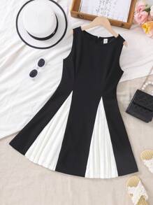SHEIN Nova Glow Tween Girl 黑白褶皱拼接无袖圆领高腰休闲优雅连衣裙，淑女风，学院风，经典黑色连衣裙，白色，黑色，返校，情人节 - 黑與白 - 查看 3