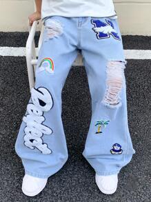 SHEIN Blugi largi și confortabili pentru băieți, la modă, pentru adolescenți, casual, decupați, rupți, design zdrențuit și cu ursuleț de cocos, capitolul ursuleț de cocos, albastru, din denim, pentru băieți, îmbrăcăminte zilnică moale și haine pentru copii Four Seasonsr - Albastru - Vizualizare 1