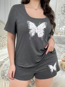 Conjunto de ropa informal para mujer con estampado de mariposa y manga corta, cuello redondo