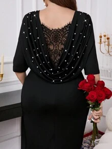 SHEIN Clasi Vestido elegante de talla grande con mangas cortas, ajustado y con aplicaciones de encaje - Negro - Ver 2