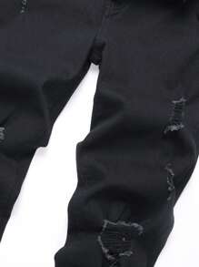 Manfinity LEGND 男式休闲纯色破洞紧身牛仔裤 - 黑色 - 查看 3