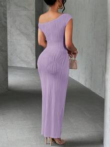 Slaydiva Summer New Elegant Party Daily Date Oblique Shoulder One-Shoulder Off-Shoulder Front Pleated Slim Long Skirt Wavy Texture Knitted Fabric White Women's Dress,Summer Dresses For Women,Tea Party Dress,Pastel Dresses For Women,Lavender Dress