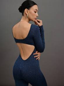 Activina 1pc Women's Solid Color Long Sleeve Simple Casual Shiny Seamless Jumpsuit Sports Outfit - Blue - View 5