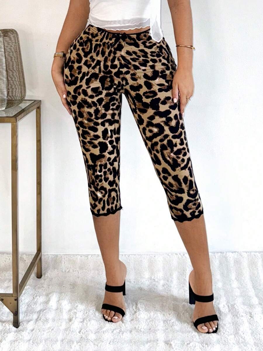 SHEIN SXY Quần legging Capri họa tiết da báo gợi cảm có nơ ren trang trí - Nhiều màu - Xem 1