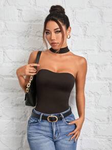 SHEIN PETITE Women's Halterneck Reversible Black Bodysuit
