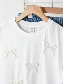SHEIN Leap Crew 少女白色纯色针织珍珠蝴蝶结圆领短袖 T 恤 - 白色 - 查看 3
