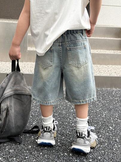 SHEIN 男宝宝都市街头酷炫风韩版时尚水洗复古猫须宽松百慕大蓝牛仔长款短裤，百搭休闲，适合宝宝秋季穿着，男童街头服饰，返校季必备