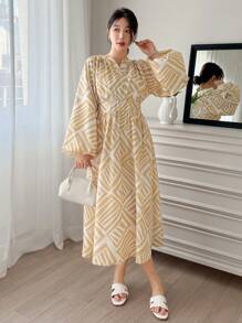 DAZY Bata con mangas de farol con estampado geométrico, vestido de verano ceñido a la cintura para mujer, primavera/verano