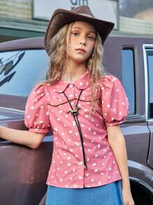 SHEIN Tween Girls 不对称圆点印花拼接泡泡袖衬衫，时尚舒适，适合日常穿着、外出和社交聚会，2025 年春夏新品 - 藕粉色 - 查看 3