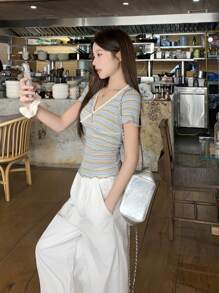 DAZY Women's V-Neck Lace Patchwork Striped Casual T-Shirt Summer Cute Tops Preppy Tops