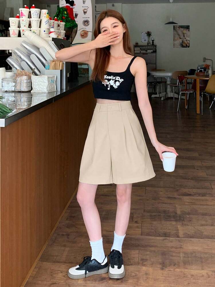 Women's Solid Color Front Button Pleated Casual Loose Shorts