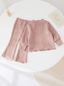 SHEIN Baby Girl Apricot Wave Hem Long Sleeve Top And Elastic Waist Flared Pants Set, Autumn/Winter - Pink - View 2