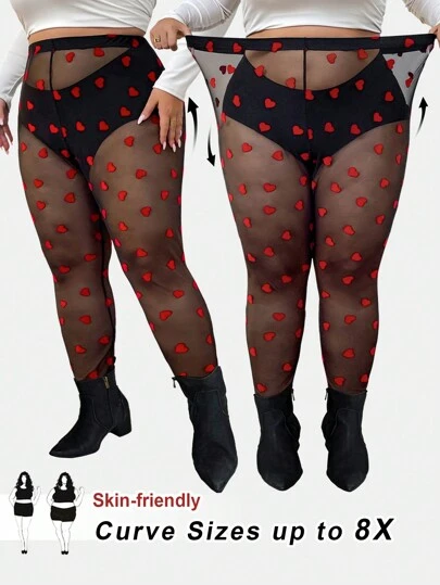 SHEIN CURVE+ CURVE PLUS /Valentine's Day/Plus Size Women's See Through Heart-Shaped Pattern Tight Leggings, Sexy Valentine's Day Style, Suitable For Dating