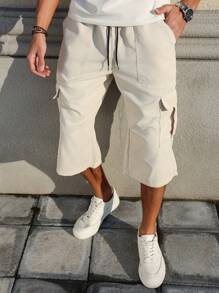 Manfinity Homme 男士休闲纯色抽绳腰工装七分裤 - 卡其色 - 查看 3