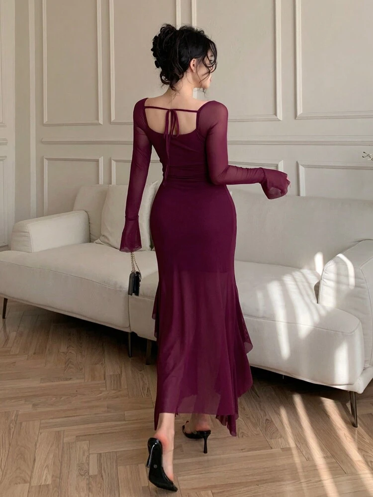 Purple Mermaid Tail Mesh See-Through Flare Sleeve Valentine's Day Dress For Women Elegant, Ruffle, Fall Dress Long Sleeve Dress