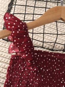 Tween Girl Polka Dot Print Ruffle Trim Top And Mini Skirt 2pcs Set - Burgundy - View 5
