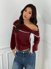 SHEIN Unity Women Open Shoulder Casual Cute Contrast Lace Cropped Off Shoulder Sweater Knit Pullover Fall Winter Sweater - Burgundy - View 3