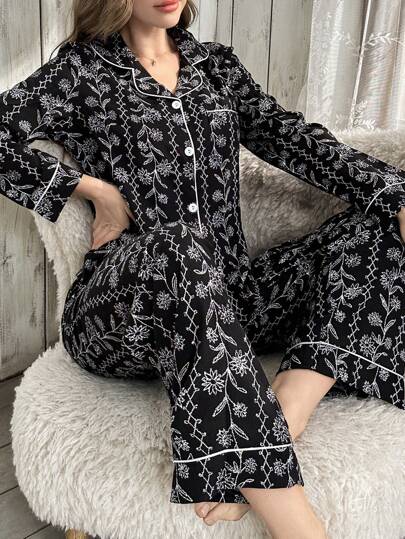 Women Floral Print Long Sleeve Top & Long Pants Pajama Set, Autumn/Winter, Fall Clothes