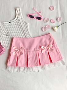 Comfortcana 女士撞色蕾丝蝴蝶结装饰百褶 A 字裙