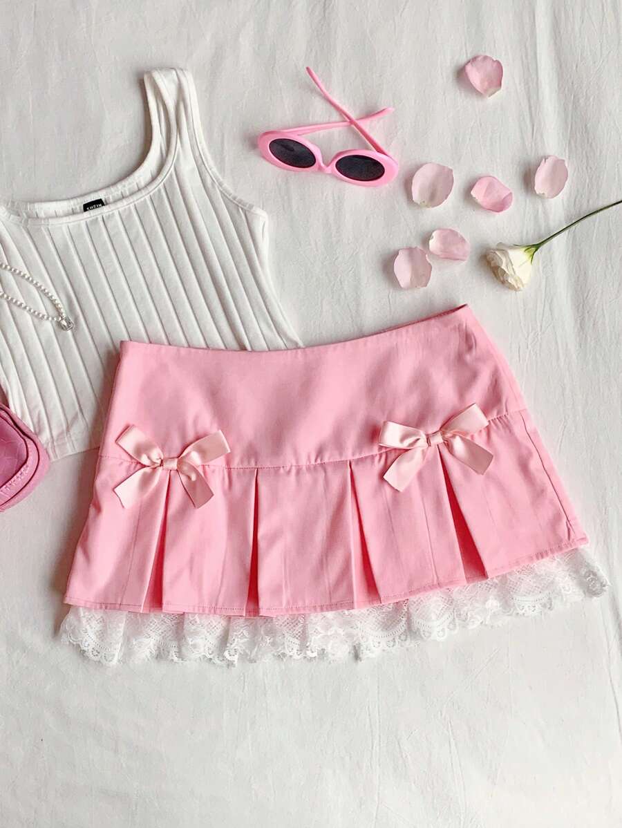 Comfortcana 女士撞色蕾丝蝴蝶结装饰百褶 A 字裙