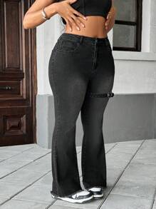 SHEIN MOD Plus Size Czarne Jeansowe Jeggingsy, Luźne Obcisłe Elastyczne Spodnie Rozkloszowane Walentynki Czarne Jeansy Y2k Walentynki Wakacje Rozkloszowane Jeansy Serce Walentynkowy Strój Wiosna