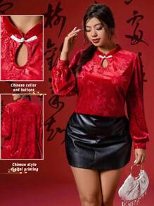 SHEIN Unity Plus Size Women's Elegant Chinese Style Velvet Shirt, Sweetheart Neck, Contrast Color Button, 3D Jacquard, Red Velvet, Chinese New Year, Holiday - Red - View 8