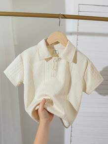 Souflis Souflis 1pc Young Boy Casual Academy Style Jacquard Knit Turn-Down Collar Polo Shirt, Suitable For 4-7 Years Old Boys To Wear In Spring And Summer,Holiday,Summer,Travel - Apricot - View 3