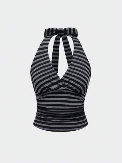 Grunge Punk Y2K Vintage Striped Halter Neck Tank Top For Women, Minimalist & Fashionable