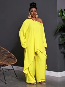 Slaydiva Plus Size New Minimalist Western Style Yellow Crop Top And Wide-Leg Pants 2 Pieces Set, Casual Asymmetric Long Sleeve Loose Top And Trousers Outfit, Suitable For Spring/Summer Fall Cloth For Women - Yellow - View 3