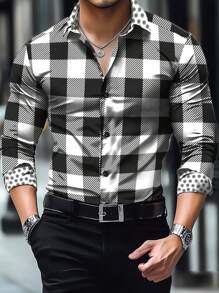 Manfinity Homme Men's Plaid Long Sleeve Single-Breasted Casual Business Shirt, Autumn - Black and White - View 3