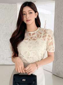 DAZY 女式透明泡泡袖衬衫，春夏新款，返校服装 - 白色 - 查看 5