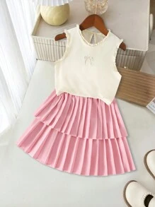 SHEIN Tween Girls Sweet Daily Round Neck Sleeveless Fitted Lace Bow Embroidery Top And Elastic Waist Pleated Solid Skirt Summer 2 Pieces Set - Pink - View 1